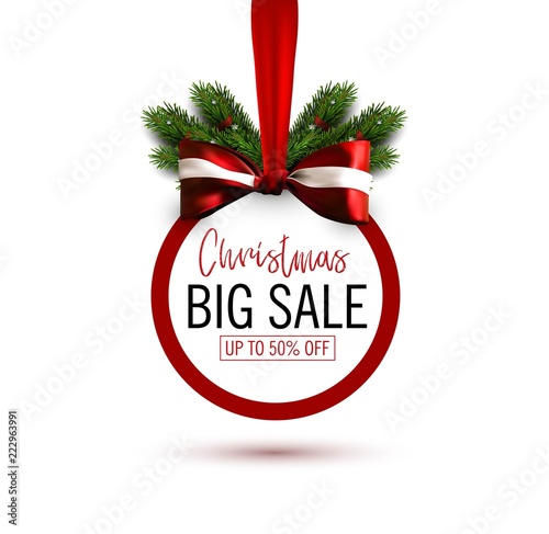 Christmas sale sticker with bow and christmas tree branches. Holiday sale banner. Vector christmas template