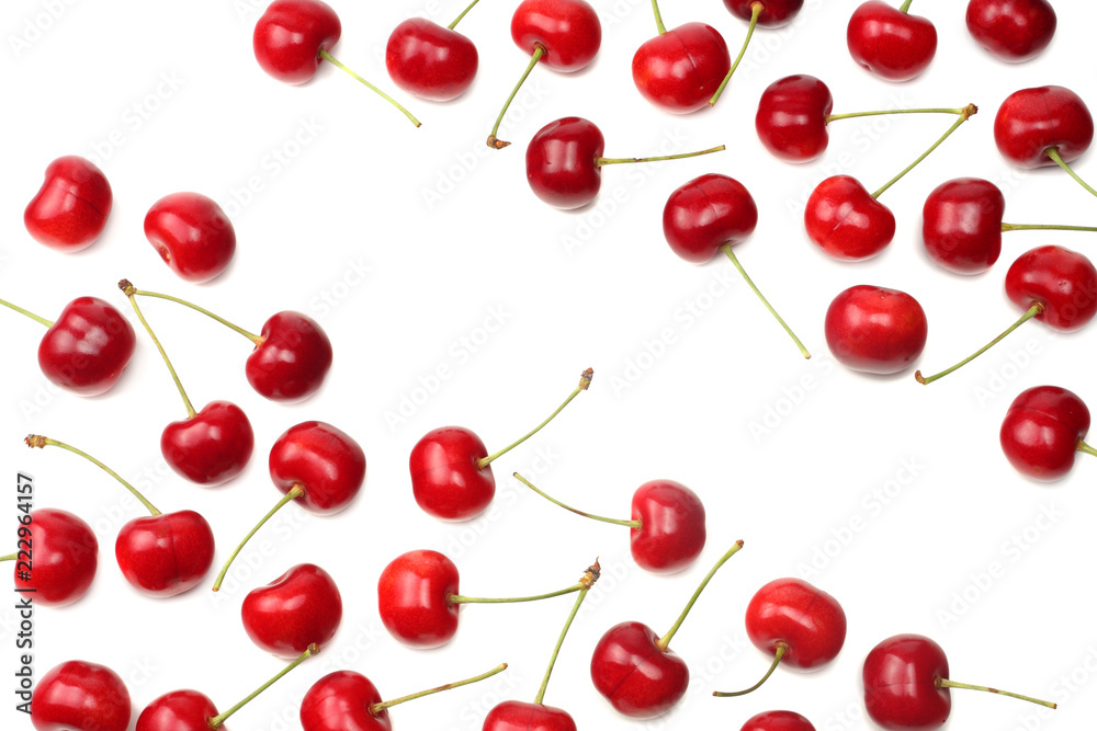 red cherry isolated on white background. Top view red cherry isolated on white background. Top view