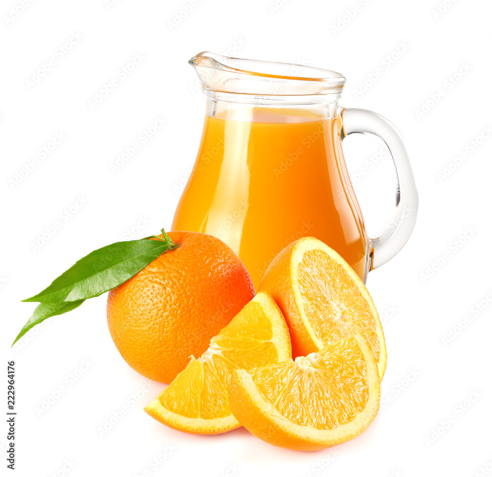 orange juice with orange and green leaf isolated on white background. juice in jug orange juice with orange and green leaf isolated on white background. juice in jug