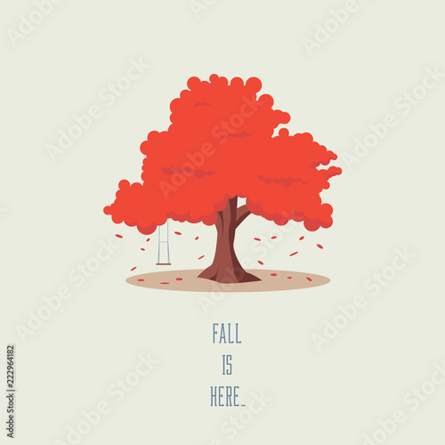 Tree in autumn. Symbol of fall with empty swing and falling leaves. Orange seasonal foliage.