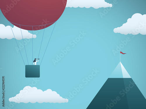 Business objective and challenge vector concept. Businesswoman in balloon flying towards mountain with flag. Symbol of business target, mission, strategy, opportunity.
