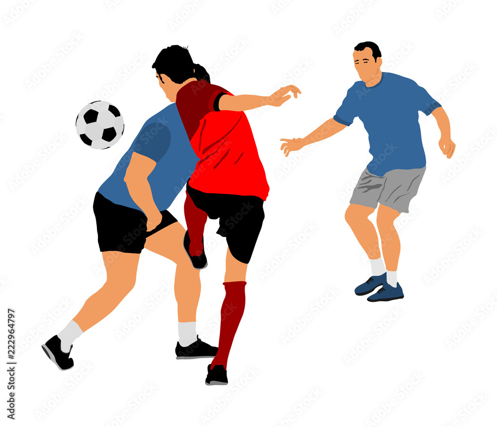 Soccer players in duel vector illustration isolated on white background. Football player battle for the ball and position. Sport activity people. Man competition. Handsome boy play soccer with friend.