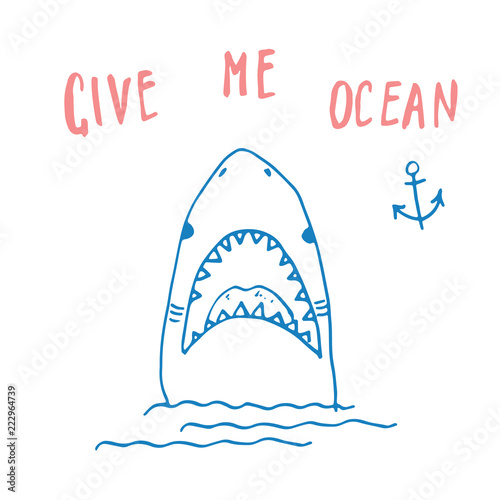 Cute Shark hand drawn sketch, T-shirt print design vector illustration