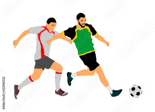 Soccer players in duel vector illustration isolated on white background. Football player battle for the ball and position. Sport activity people. Man competition. Handsome boy play soccer with friend. © dovla982