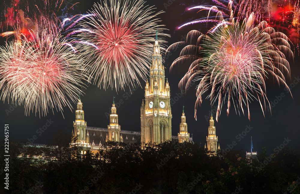 Naklejka premium Ratusz w Wiedniu z noworocznymi fajerwerkami