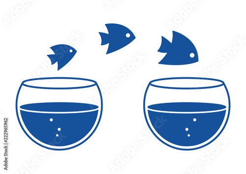 Fishs jumping out one aquariums to another aquarium. Blue silhouettes. Vector illustration