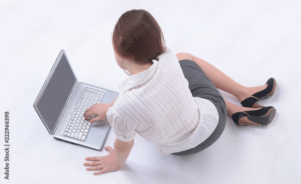 Naklejka premium girl student with laptop. isolated on white