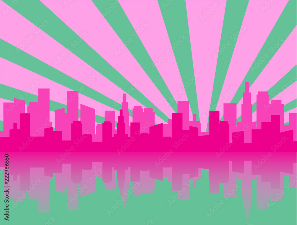 Fototapeta premium Green and pink city skyline silhouette