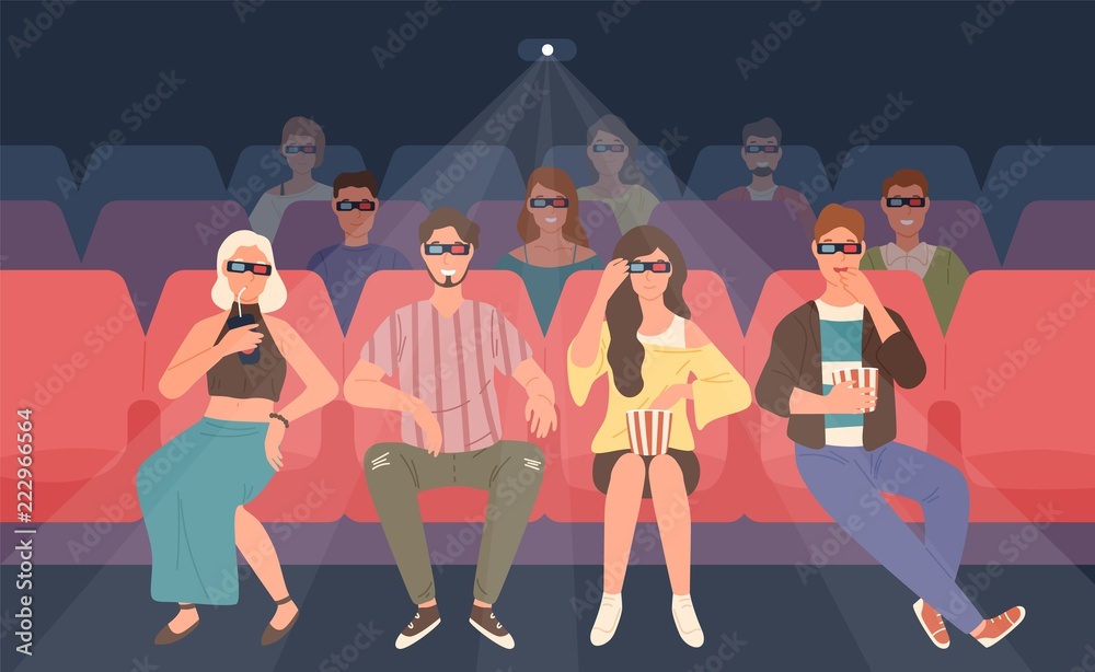Happy men and women sitting in chairs at three-dimensional movie theater.  Friends or mates in 3d glasses watching film or motion picture together.  Colorful vector illustration in flat cartoon style. Stock Vector |