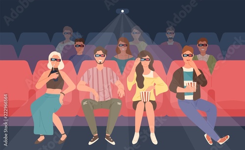 Happy men and women sitting in chairs at three-dimensional movie theater. Friends or mates in 3d glasses watching film or motion picture together. Colorful vector illustration in flat cartoon style.
