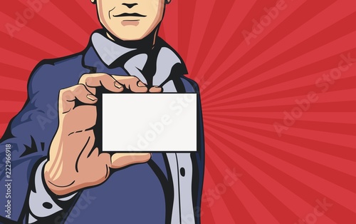 Comic or cartoon businessman showing card