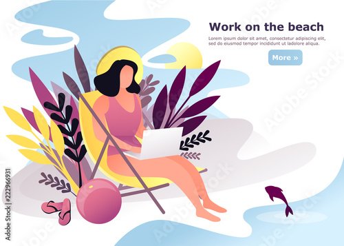 Woman or female doing remote work on beach