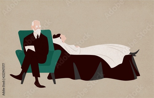 Woman lying on couch and Sigmund Freud sitting in armchair beside her and asking questions. Dialogue between patient and psychoanalyst. Psychoanalysis and psychotherapy. Flat vector illustration. photo
