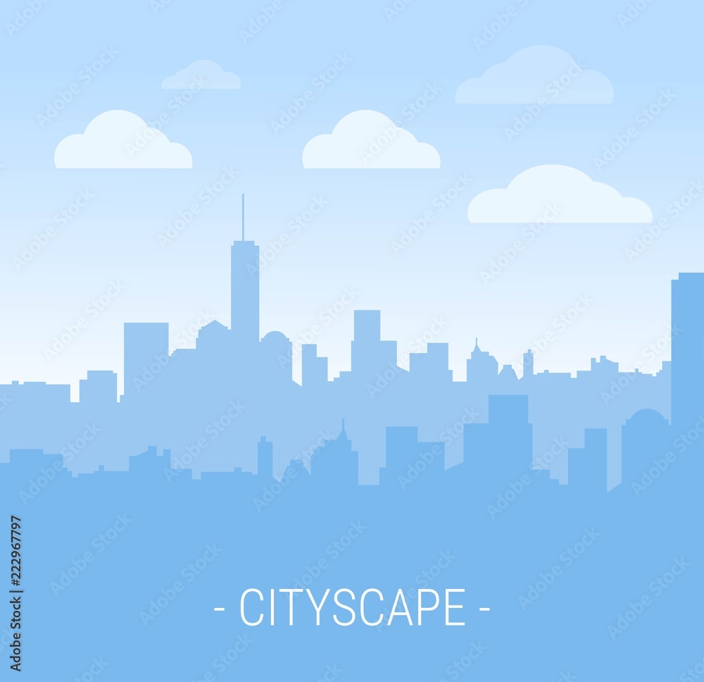 Vector illustration of cityscape in flat style. Silhouette of downtown