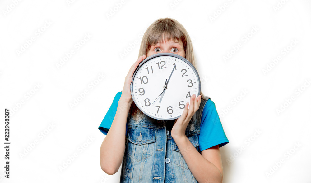 portrait of young sad teenage girl with clock on white background portrait of young sad teenage girl with clock on white background