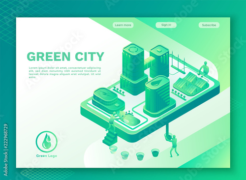 Green eco city with smart technologies concept, landing page template, intelligent building, recycling and water purifying technologies, green energy skyscraper modern sustainable lifestyle