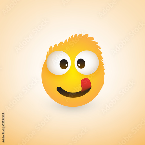 Smiling Emoji with Stuck Out Tongue - Simple Shiny Happy Emoticon on Yellow Background - Vector Design