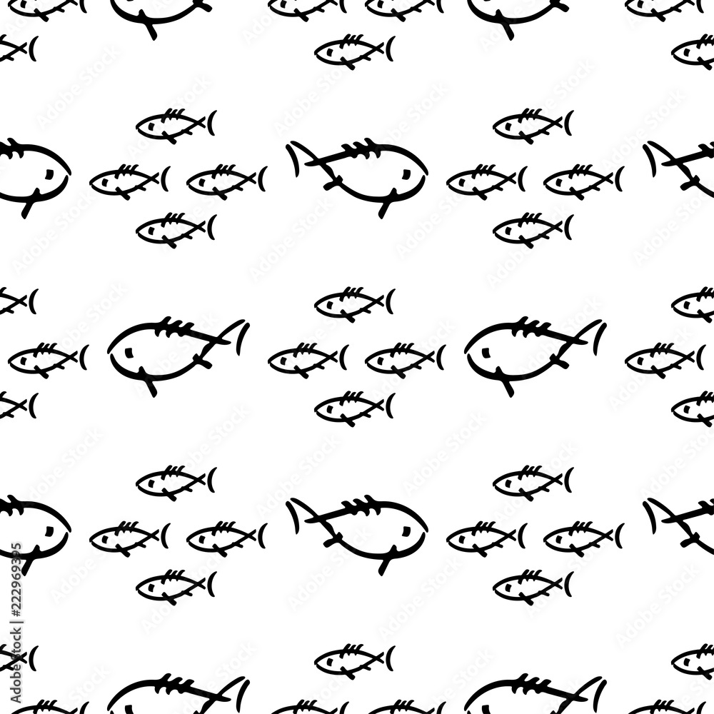 Flat monochrome vector seamless sea fish sketch pattern. Fabric textile summer pattern. Cute doodle pattern with underwater sea creatures. Vector illustration naive element wildlife nautical ornament. Flat monochrome vector seamless sea fish sketch pattern. Fabric textile summer pattern. Cute doodle pattern with underwater sea creatures. Vector illustration naive element wildlife nautical ornament.