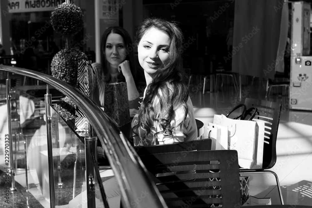 Girls shopping black and white photo