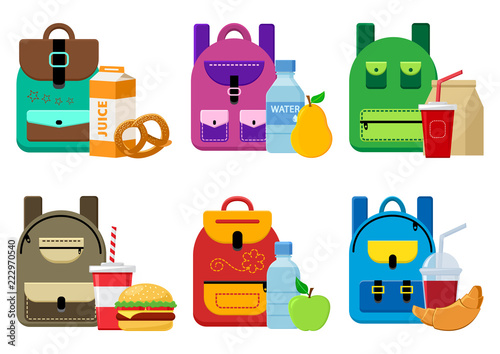 School backpacks and lunch food. Vector illustration