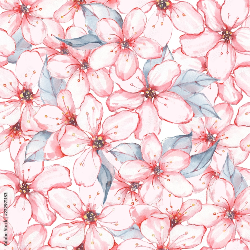 Floral seamless pattern. Watercolor background with white flowers