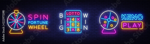 Collection Neon Logos Vector. Lottery and Fortune Wheel neon sign, design template, modern trend design, night neon signboard, night bright advertising, light banner, light art. Vector illustration