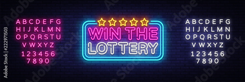 Win the Lottery neon text vector design template. Lotto symbols neon logo, light banner design element colorful modern design trend, night bright advertising. Vector. Editing text neon sign