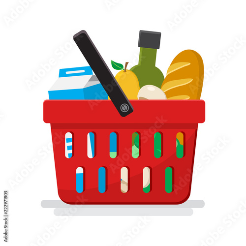 Supermarket. Shopping basket with groceries. Vector illustration