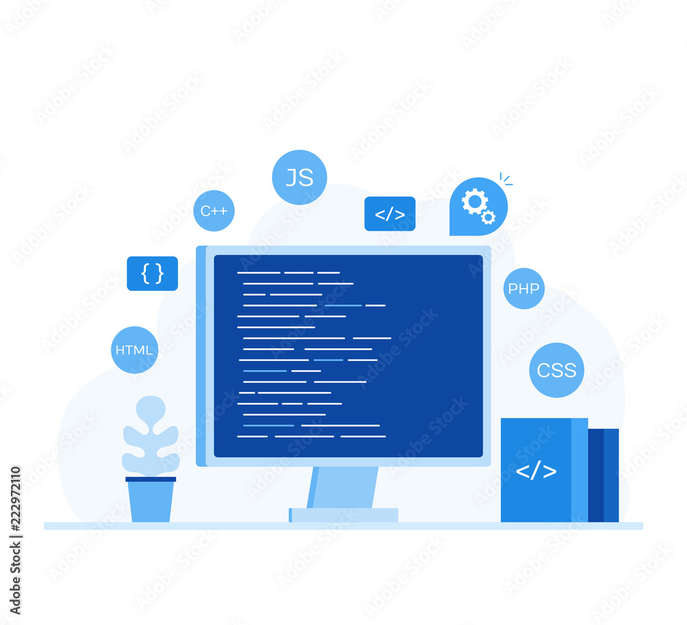 Computer screen with program code. Modern flat style vector illustration
