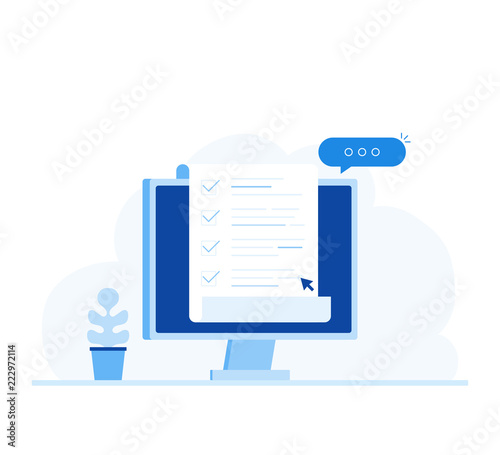 Computer and checklist, pc monitor with long paper document and to do list with checkboxes, concept of survey, online quiz. Modern flat style vector illustration