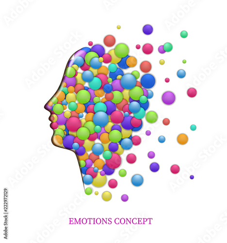 emotions concept, fulling heads with colored rounds, inner happiness,