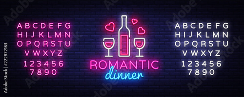 Romantic Dinner Neon Logo Vector. Wine neon sign, design template, modern trend design, night neon signboard, night light advertising, light banner, light art. Vector. Editing text neon sign