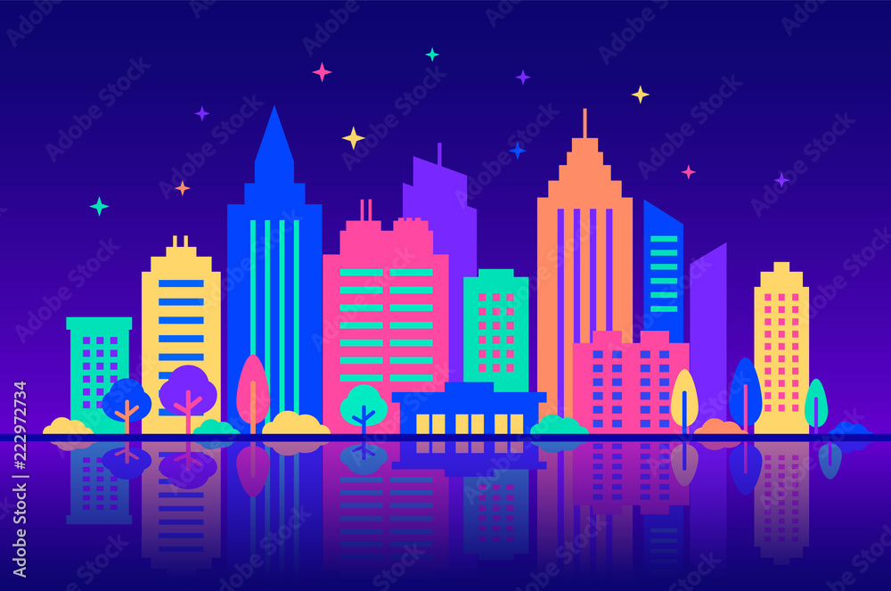 Night city. Silhouettes of buildings with neon glow and vivid colors at night. City landscape template. Flat style illustration in neon vivid colors. Cityscape background, Urban life.