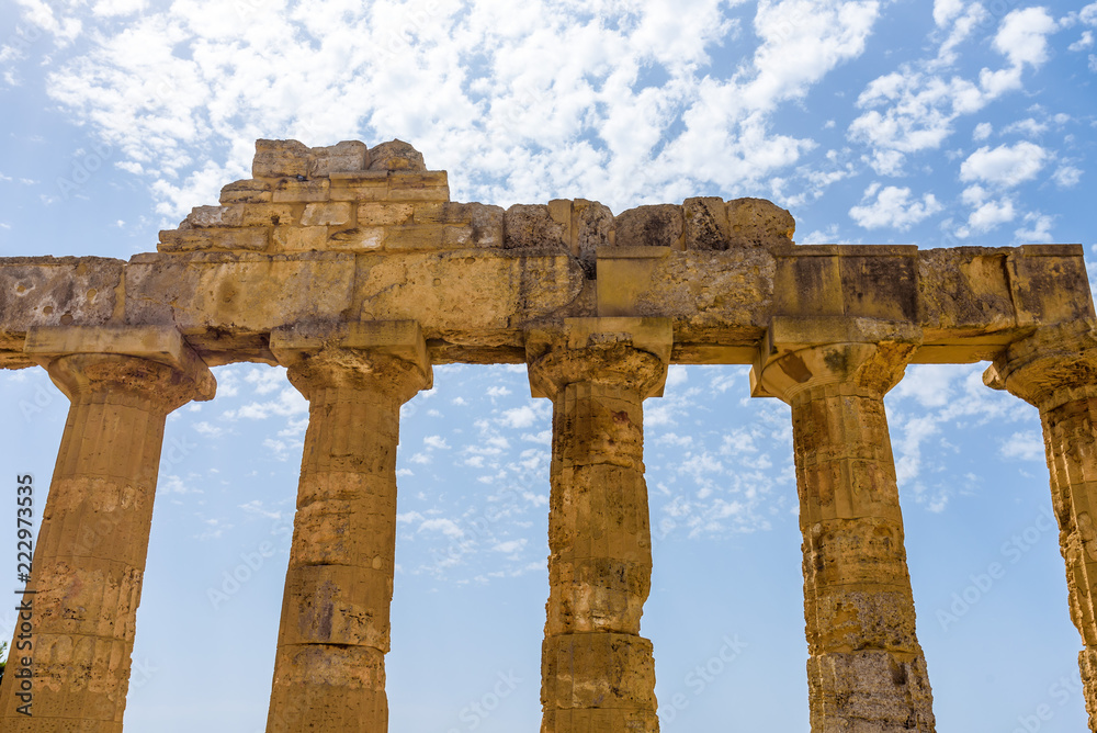 Ruins of the doric Temple of Hera (Temple E) inside the archaeological park of Selinunte, an ancient Greek city on a seaside hill in the south west coast of Sicily.