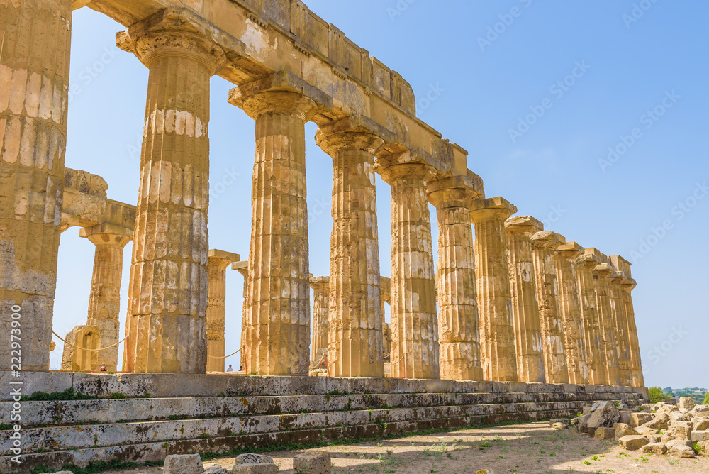 Ruins of the doric Temple of Hera (Temple E) inside the archaeological park of Selinunte, an ancient Greek city on a seaside hill in the south west coast of Sicily.