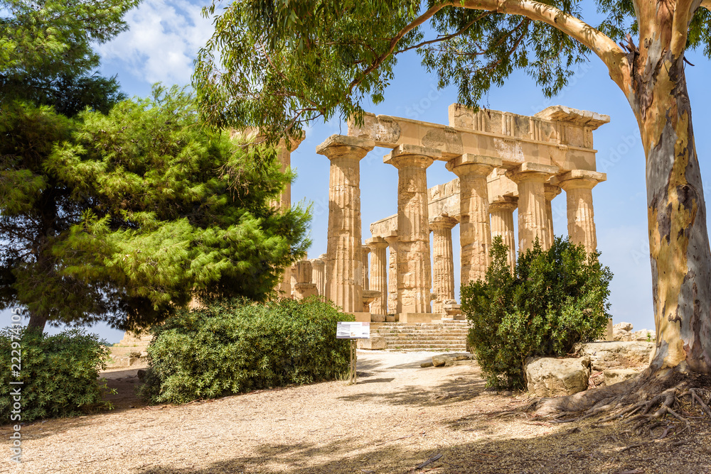 Ruins of the doric Temple of Hera (Temple E) inside the archaeological park of Selinunte, an ancient Greek city on a seaside hill in the south west coast of Sicily.