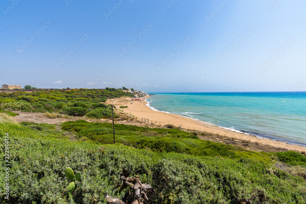 View of the sea and beach leading to Marinella from the Acropolis of the archaeological park of Selinunte, an ancient Greek city on a seaside hill in the south west coast of Sicily.