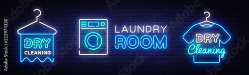 Dry Cleaning Neon Logo Collection Vector. Laundry Room neon sign, design template, modern trend design, night neon signboard, night bright advertising, light banner, light art. Vector illustration