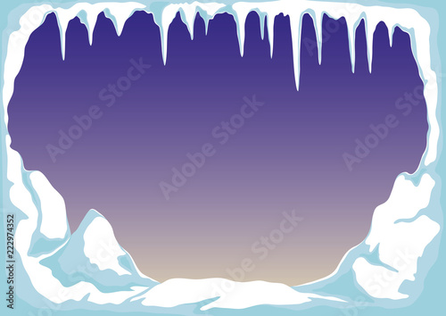 Ice with icicles and snow on a blue background.