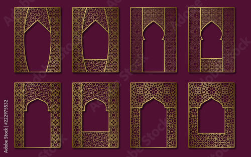 Set of golden vintage frames in form of ornate door and window. Book, booklet, brochure covers, greeting card or leaflet backgrounds templates.