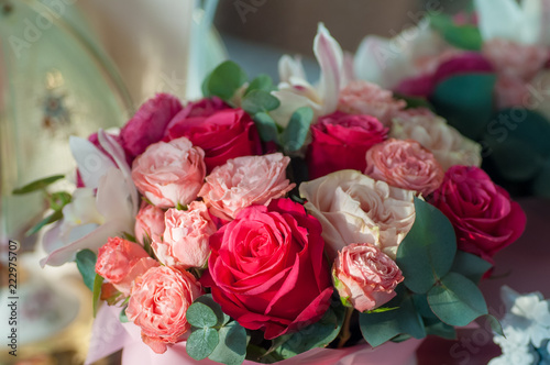 Bridal bouquet of red  pink and white roses