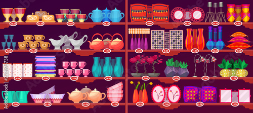 Store shelves with kitchen supplies and crockery