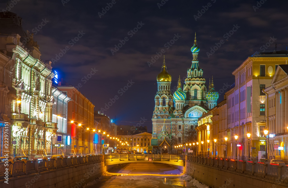 Beautiful nightscape of Church of the Savior on Spilled Blood over Griboyedov canal at twilight, St Petersburg, Russia