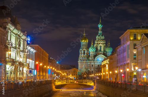 Beautiful nightscape of Church of the Savior on Spilled Blood over Griboyedov canal at twilight, St Petersburg, Russia