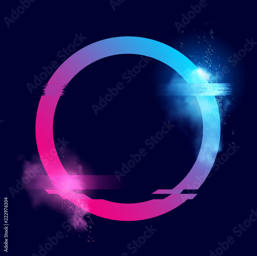 An illuminated circle loop with sparks, smoke and a glitch effects. Glitch tech futuristic Vector illustration design.
