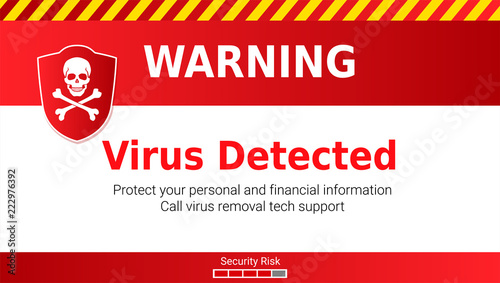 Warning of Malware attack, virus detected. Skull and crossed bones on red shield. Message requiring your attention, concept of interface cyber security. Vector illustration