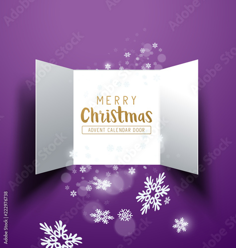 Christmas advent Calendar Doors opening with snowflakes and glitter. Vector illustration.