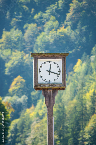 Close up view of a clock with the forest and a mountain in the backgroud