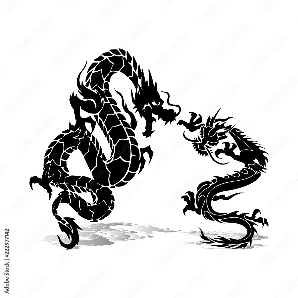 Two black dragons in fight, silhouette on white background, Two black dragons in fight, silhouette on white background,
