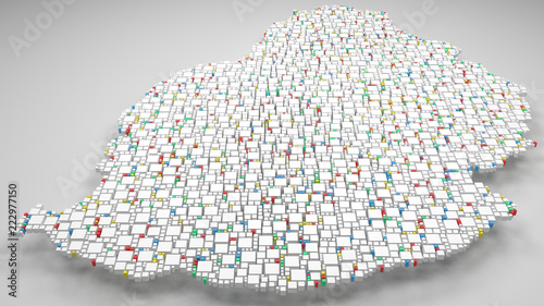 3D Map of the Republic of Mauritius - Africa | 3d Rendering, mosaic of little bricks - White and flag colors. A number of 4695 little boxes are accurately inserted into the mosaic. Flag colors